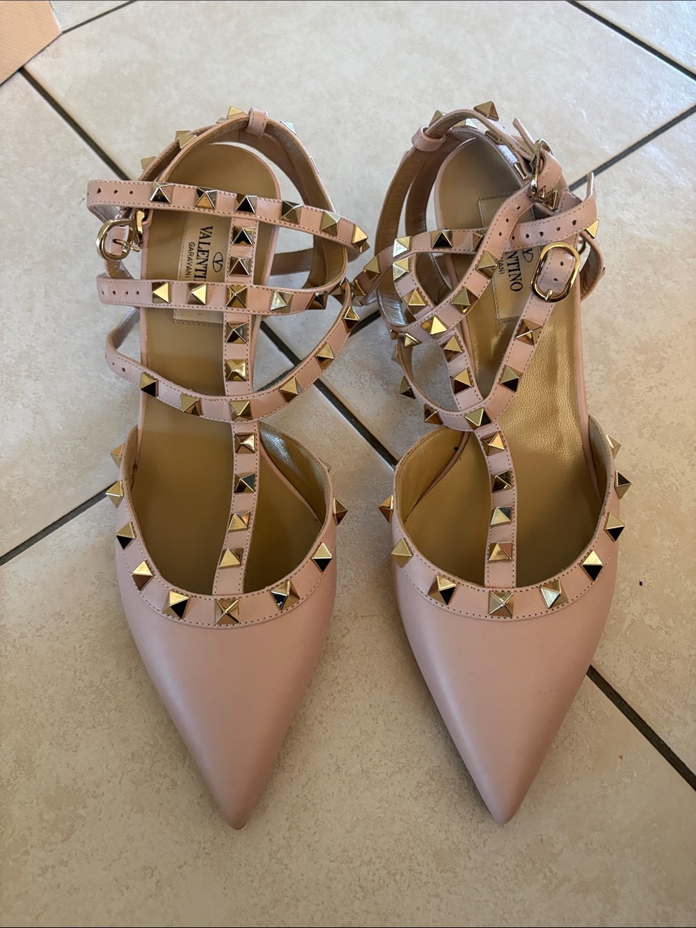 Valentino Garavani Blush Pink Rockstud Pointed-Toe Strappy Flats